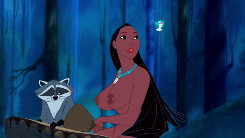 big_breasts black_hair breasts dark-skinned_female dark_skin disney disney_princess edit female flit_(pocahontas) forest huge_breasts large_breasts lipstick long_hair mahmapuu meeko native_american necklace nipples nude pocahontas pocahontas_(character) real_person screenshot screenshot_edit teeth topless