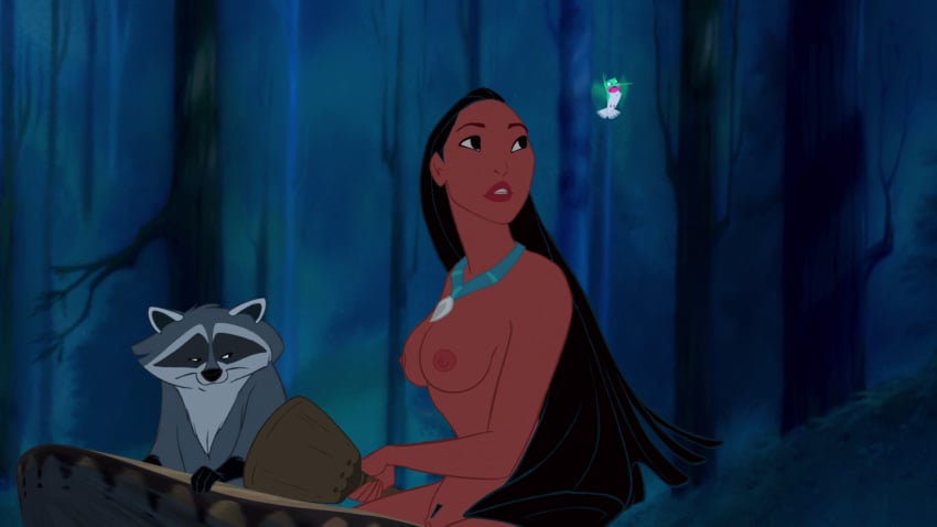 black_hair breasts dark-skinned_female dark_skin disney disney_princess edit female flit_(pocahontas) forest lipstick long_hair medium_breasts meeko native_american necklace nipples nude pocahontas pocahontas_(character) screenshot screenshot_edit teeth topless