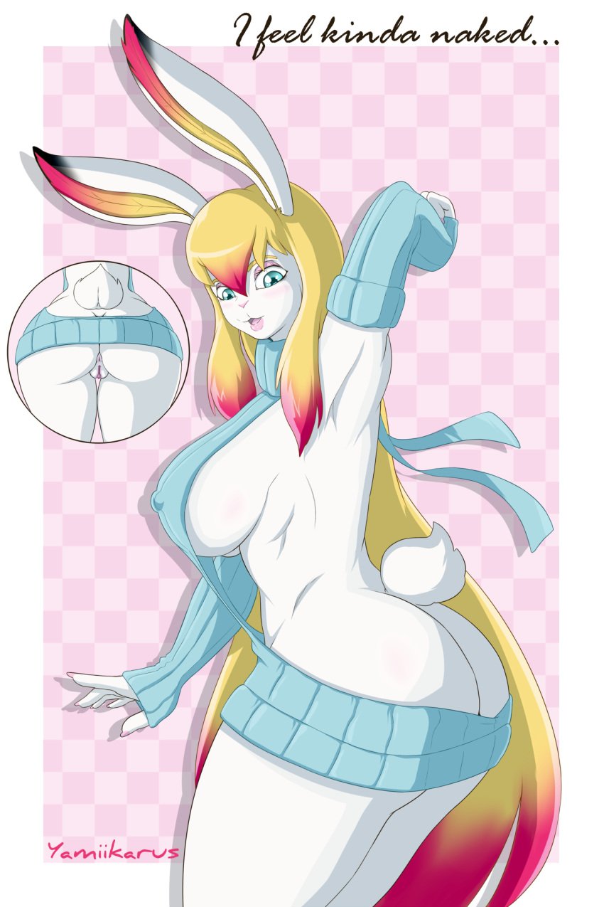 2017 anthro anus armwear ass bare_back big_breasts blonde_hair blue_eyes border breasts close-up clothed clothing detached_sleeves female fur hair hi_res lagomorph long_hair looking_down lully_pop mammal multicolored_hair nipples open_mouth pattern_background pussy rabbit raised_arm side_view sideboob simple_background smile solo standing sweater text tongue virgin_killer_sweater white_border white_fur yamiikarus