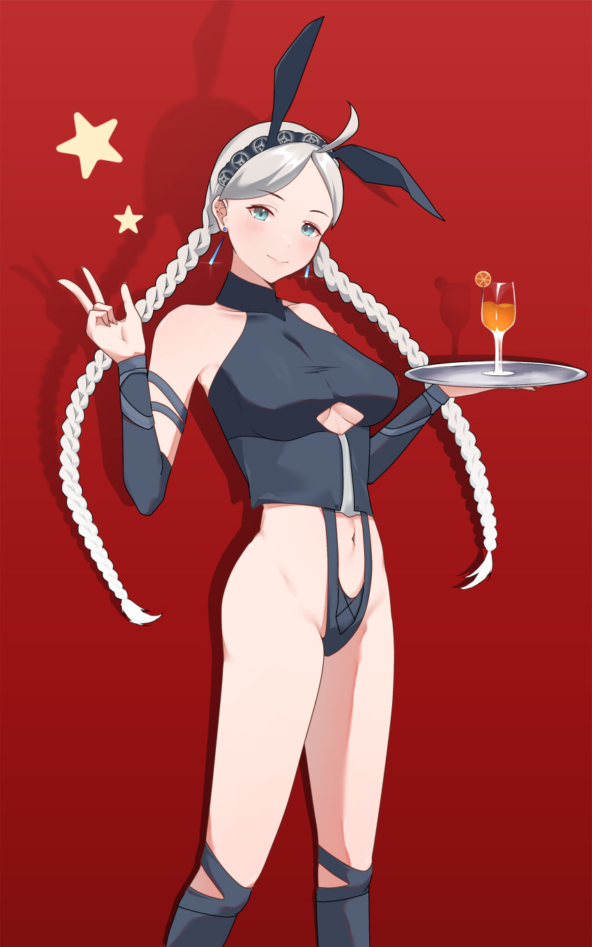 1girls absurdres alternate_costume animal_ears bare_shoulders blue_eyes braid breasts bunny_ears bunny_girl bunnysuit cleavage_cutout clothing_cutout commission cup drinking_glass earrings fake_animal_ears female female female_only fire_emblem fire_emblem_fates food fruit grey_hair hairband highres holding holding_tray jewelry low_twin_braids low_twintails medium_breasts navel nina_(fire_emblem) nintendo non-web_source orange_(fruit) orange_slice playboy_bunny rabbit_ears staz008 tray twin_braids twintails wine_glass