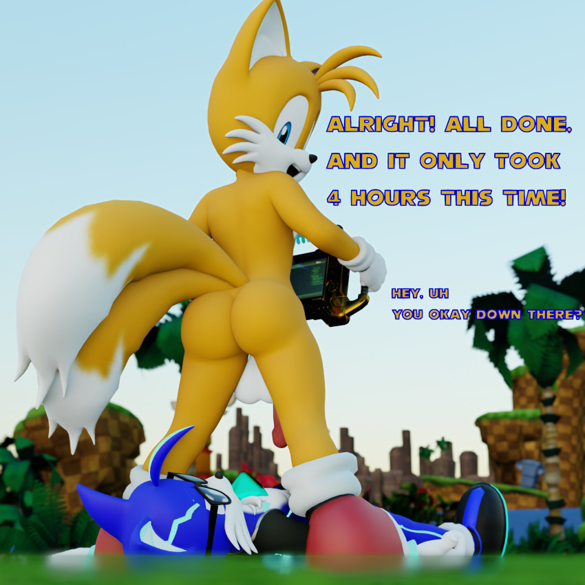 2_tails 3d anthro balls canid canine chest_crystal chrystix_(twintails3d) computer crystal dialogue digital_media duo electronics english_text exposed_torso eyewear fan_character footwear fox gay genitals glasses handwear hi_res lying male male/male mammal multi_tail on_back penis sega sonic_(series) sonic_the_hedgehog_(series) standing standing_over tail tails text twintails3d yaoi