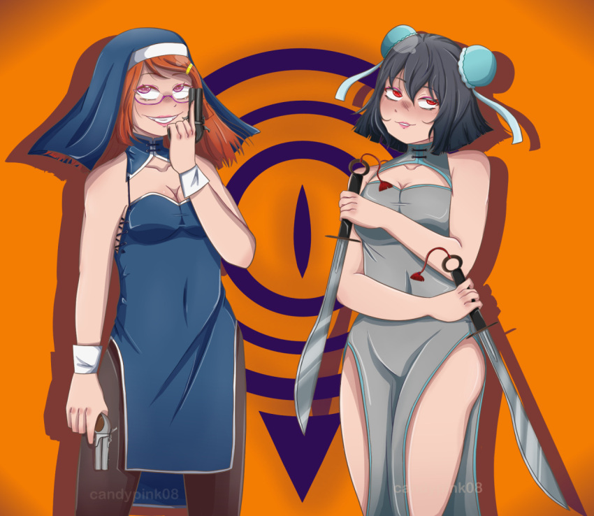 2girls artist_name big_breasts big_hips black_hair blue_accents blush brown_hair brunette brunette_hair bun_cover candypink08 china_dress chinese_clothes chinese_dress cleavage closed_mouth collarbone english_text glasses gradient_hair grey_hair grey_outfit grin guns hair_buns hairclip kuuron_hanten_(vocaloid) looking_at_viewer maha_logo maha_no_hanashi masa_works_design multicolored_hair multiple_girls navel navel_visible_through_clothes nun nun_hat oakie_hopes orange_background pantless pantyhose pink_eyes pink_lipstick red_eyes red_hair redhead redhead_hair saint_luna_maria_kanzaki seryl-claude_les_elizabeth shadow sharp_teeth simple_background smiling suggestive suggestive_clothes swords symbol tagme text_bubble tumblr_link vocaloid weapons yellow_hairclip