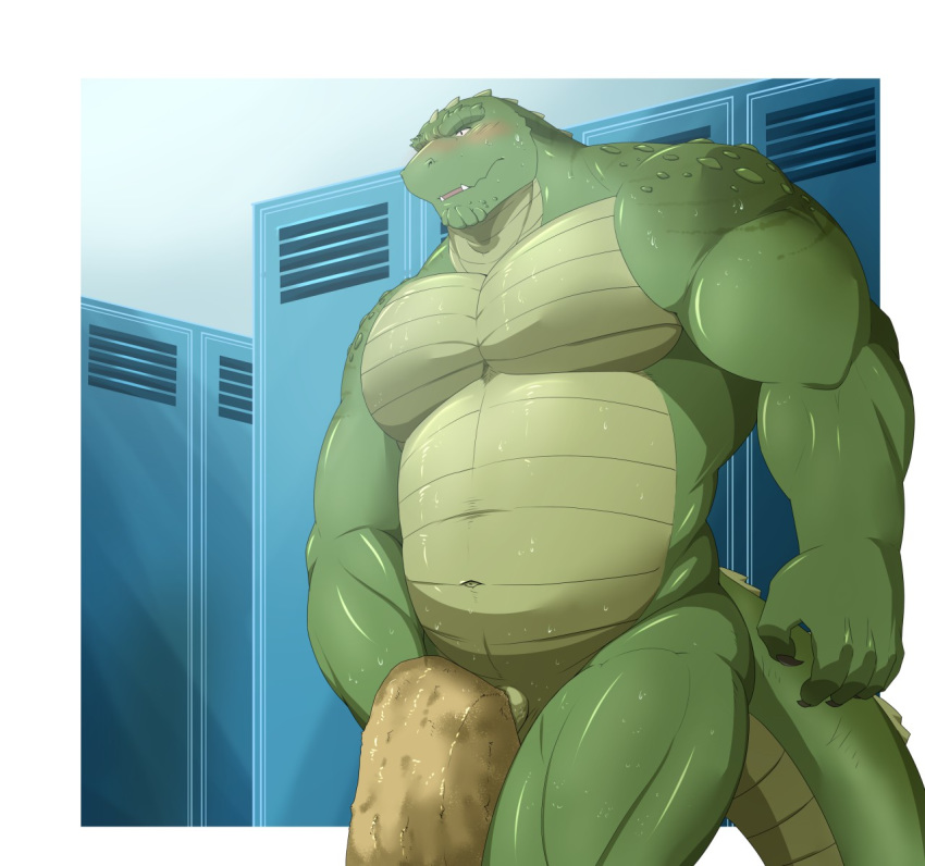 alligator anthro blush crocodilian locker_room male male_only musclegut muscular navel nude penis reptile rikitsu scalie solo standing sweat towel