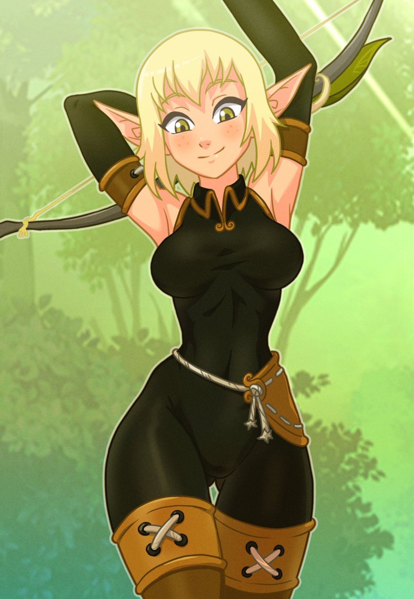 1girls arms_up bare_shoulders big_breasts blonde_hair blush bodysuit bow centinel303 clothed clothing color elf_ears evangelyne female female_only green_eyes hi_res jpeg large_breasts light-skinned_female light_skin looking_at_viewer pointy_ears short_hair smile solo thick_thighs wakfu