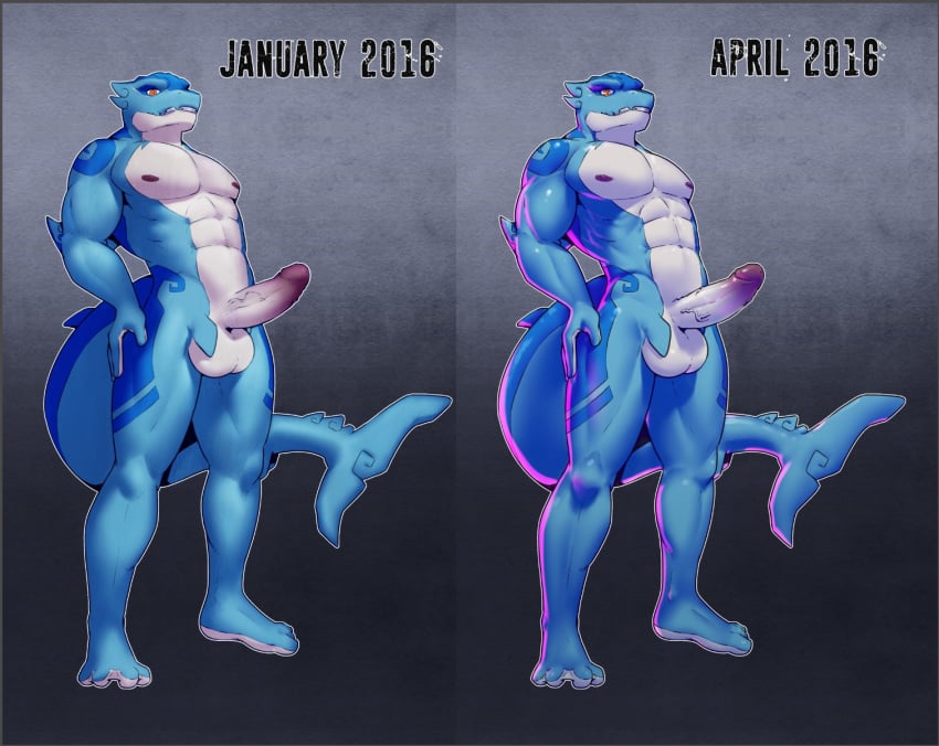 1boy abs anthro balls big_penis cirrus_(xp) comparison erection fish humanoid_penis looking_at_viewer male male_only marine muscular nlr_domain nude pecs penis shark solo standing