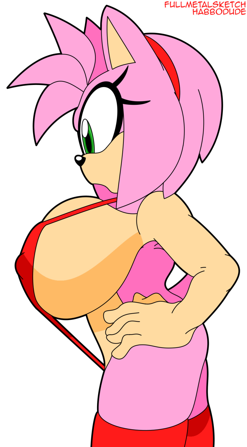 1girls amy_rose big_breasts big_thighs bikini breasts curvy female female_only fullmetalsketch green_eyes habbodude hairband hands_on_hips light_skin nipple_bulge open_mouth pink_fur pink_hair red_bikini red_hairband red_sling_bikini red_stockings red_thighhighs sega side_view sling_bikini solo sonic_(series) sonic_the_hedgehog_(series) stockings thighhighs thighs white_background