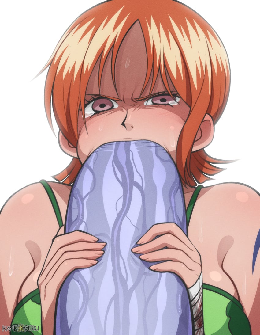 1girls 2d angry arlong big_penis blowjob fellatio female female_focus full_color kamekuzu kameseru large_penis looking_at_viewer male nami nami_(classic) nami_(one_piece) nami_(pre-timeskip) one_piece pale-skinned_female pale_skin partial_male pre-timeskip