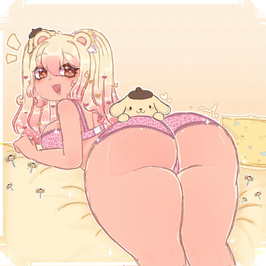 :3 :3d bed blonde_hair gacha gacha_art laying_down mochi_buh pink_panties tagme