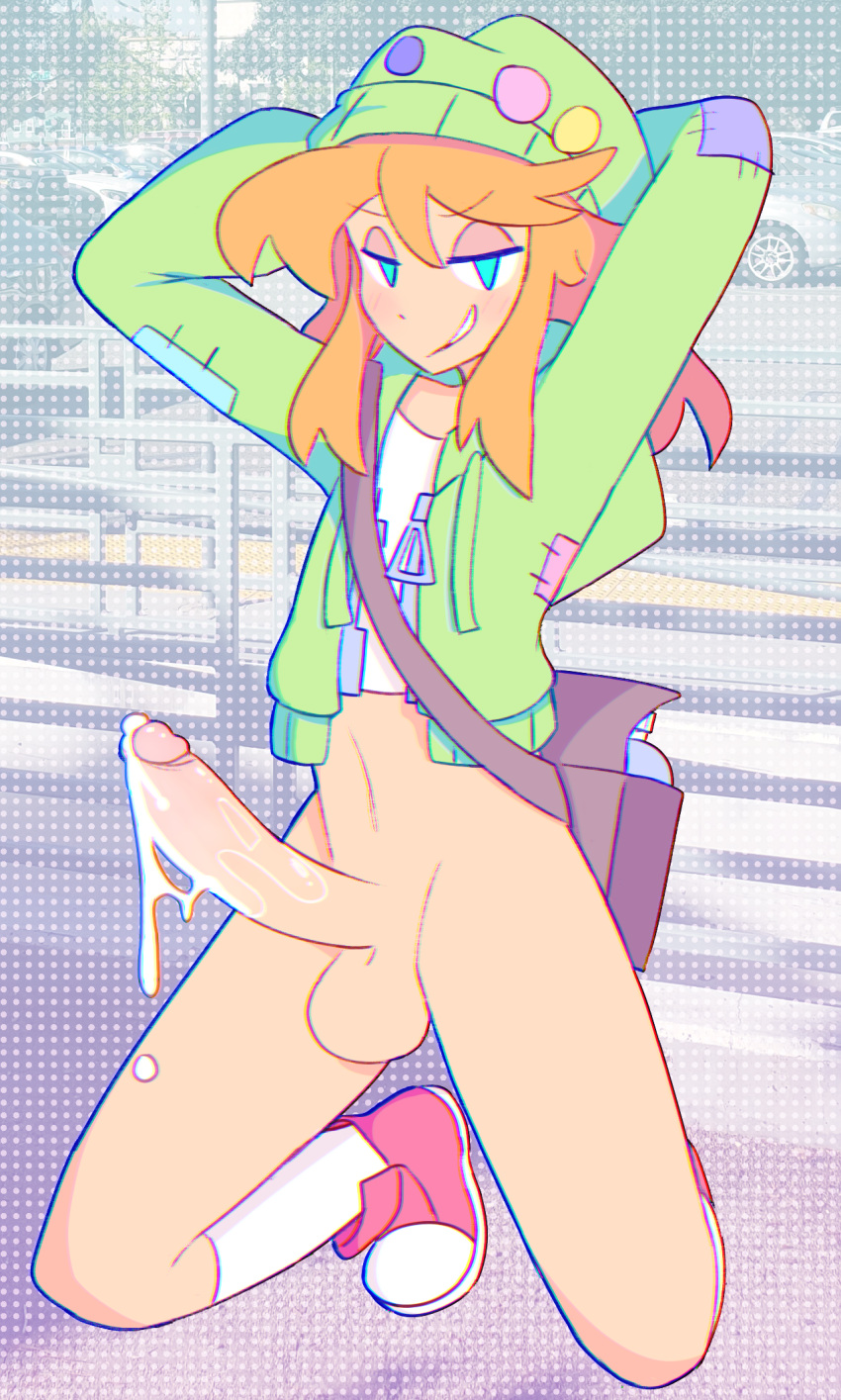 1boy amaruu arms_behind_head arms_up bag balls beanie blue_eyes blush crop_top cum cum_drip femboy footwear gay girly headwear hi_res hoodie kneeling legwear male male_only orange_hair original_character penis shoes simple_background smug socks solo solo_focus splats_(amaruu) yaoi