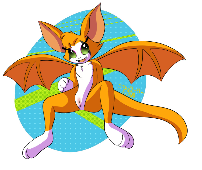 anthro dust:_an_elysian_tail female fidget flying fur green_eyes ikaribunbun looking_at_viewer mammal nimbat open_mouth orange_fur paws pussy smile solo teeth tongue video_games wings