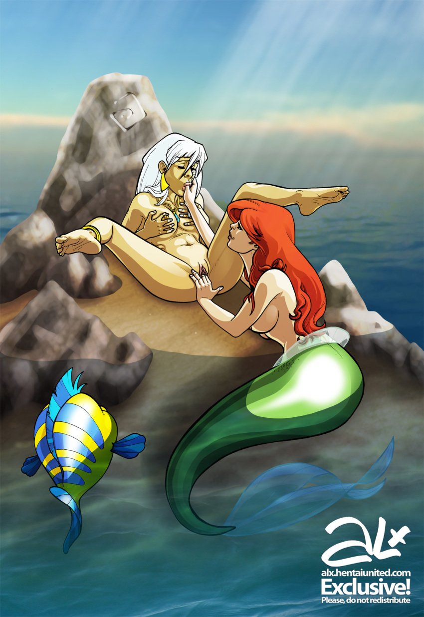 2girls alx_(fuckit) anklet ariel atlantean atlantis:_the_lost_empire barefoot breasts closed_eyes closed_mouth company_connection completely_nude completely_nude_female crossover dark-skinned_female dark_skin day disney disney_princess earrings female female/female female_focus female_only fingering fish fish_girl flounder green_tail half-closed_eyes interracial interracial_yuri jewelry kida large_breasts lips lipstick long_hair looking_at_another masturbation medium_breasts mermaid mermaid_tail monster_girl multiple_females multiple_girls necklace nipples no_bra no_panties nude nude_female ocean outdoors outside pussy red_hair smile the_little_mermaid toes topless topless_female water white_hair yuri