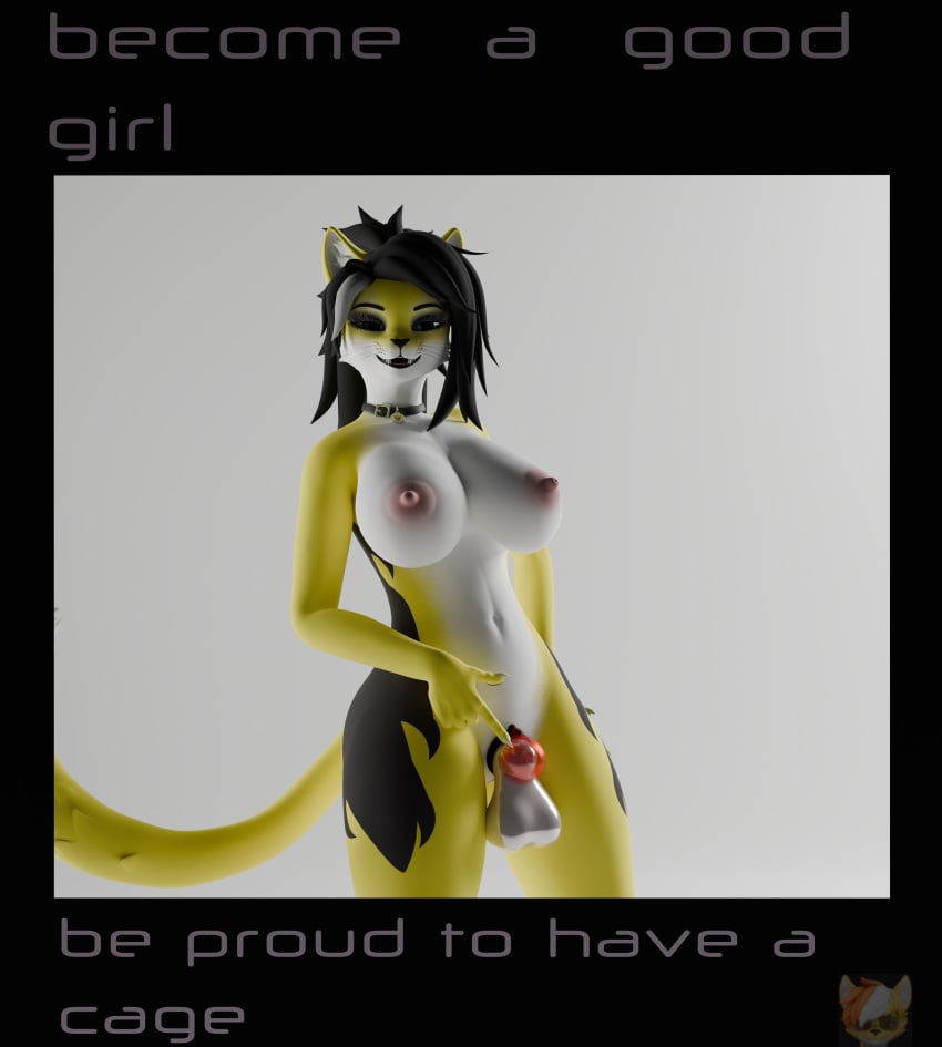 2024 3d_(artwork) absurd_res anthro balls blender_(software) breasts chastity_cage chastity_device clawe collar digital_media_(artwork) domestic_cat english_text felid feline felis futanari genitals gesture good_girl haolde herm hi_res intersex looking_at_viewer mammal nipples penis pointing pointing_at_penis propaganda_poster solo text