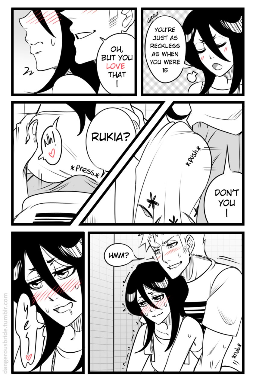 1boy bleach blush dangerousbride female ichigo_kurosaki karoll_ann kuchiki_rukia rubbing smile straight text