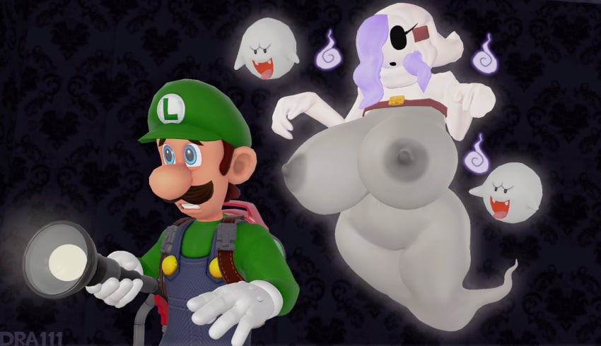 1boy 1girls 3d 3d_(artwork) belt big_breasts big_thighs blue_eyes boo_(mario) boo_guy breasts busty cap clothed clothed_male clothed_male_nude_female clothing curvaceous curvy dark_background dra111_(artist) dragon316 duo female female/male ghost ghost_girl ghost_tail gloves green_shirt grey-skinned_female grey_skin hair_over_one_eye hood huge_breasts huge_thighs large_breasts large_thighs light-skinned_male light_skin long_sleeves luigi luigi's_mansion male male/female mario_(series) mario_and_luigi_(series) mask moustache naked naked_female navy_blue_overalls nintendo nipples nude nude_female overalls partially_clothed partially_clothed_female poltergust shy_gal simple_background thick thick_hips thick_thighs thighs violet_hair white_gloves wide_hips