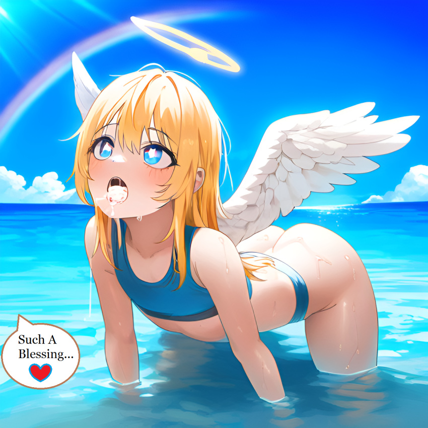 2boys a.i.ddicted after_fellatio after_oral ai_generated angel angel_wings big_ass big_butt blonde_hair blue_eyes crimvael cum_in_mouth cum_on_face excessive_cum felation femboy feminine_male gay girly ishuzoku_reviewers long_hair male male_only novelai ocean oral oral_sex partially_submerged saliva sports_bra water