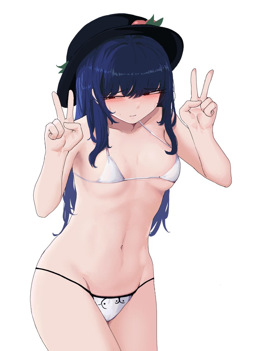 1girls bikini blue_hair blush dark_blue_hair flat_chest hat headwear long_hair nervous nervous_smile peace_sign peach_(fruit) red_eyes small_breasts son_(artist) tenshi_hinanawi touhou uncomfortable white_underwear