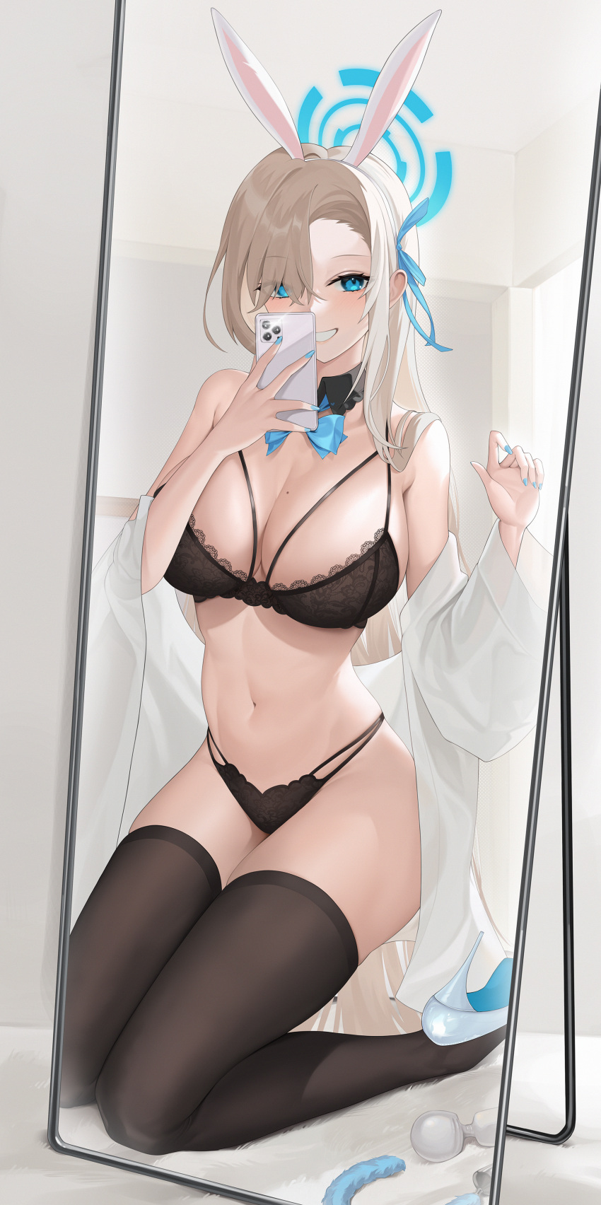 1girls 2023 absurdres alternate_costume animal_ears asuna_(blue_archive) asuna_(bunny)_(blue_archive) asuna_(bunny_girl)_(blue_archive) black_bra blue_archive blue_eyes bow bowtie bra breasts bunny_ears buttplug buttplug_tail cleavage detached_collar fake_animal_ears female grin hair_over_one_eye halo high_heels highres holding holding_phone kneeling lace-trimmed_bra lace-trimmed_panties lace_trim large_breasts lingerie long_hair long_sleeves looking_at_viewer millennium_science_school_student mirror mole mole_on_breast nail_polish navel open_clothes open_shirt panties phone rabbit_ears sex_toy shibasoda smile solo stomach thighhighs underwear vibrator