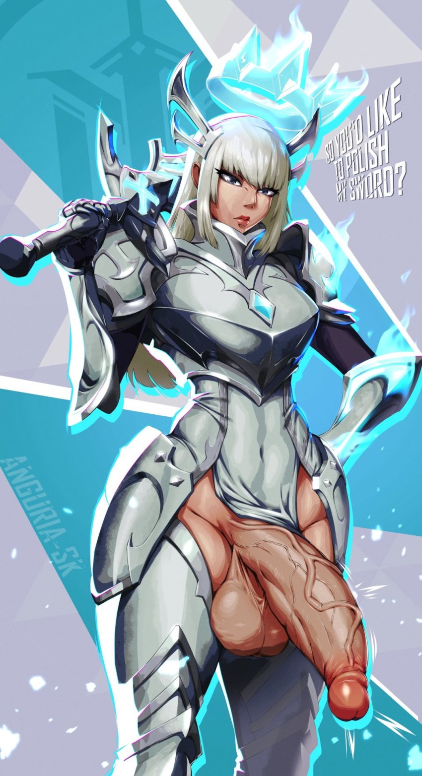 armor artist_request blonde_hair blue_eyes covered_navel english_text female futanari highres holding holding_sword holding_weapon large_penis large_testicles lips long_hair magik_(eldritch_armor)_(x-men) magik_(x-men) marvel marvel_rivals non-web_source penis solo source_request sword testicles weapon x-men