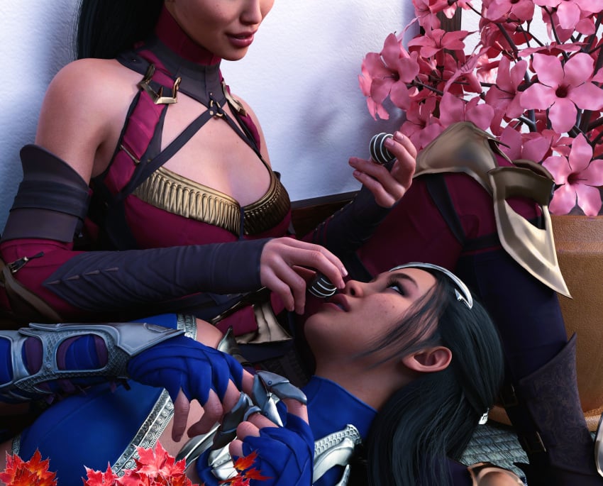 2girls 3d black_hair chest chocolate clone cuddling edenian eye_contact female female_only flower fully_clothed kitana kiteena long_hair mileena mortal_kombat mortal_kombat_1_(2023) pampering princess rayalterego23 royalty shy sisters smile valentine's_day wholesome