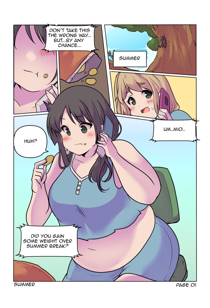 bbw belly_overhang big_belly big_breasts big_female blush chips_(food) chubby chubby_female comic_page comic_panel embarrassed english_text fat fat_ass fat_female fat_fetish fat_girl fat_woman fatty food_on_face k-on! large_female mio_akiyama_(k-on!) obese obese_female overweight overweight_female page_1 page_number plump pork_chop potato_chips speech_bubble thick_thighs tsumugi_kotobuki_(k-on!) weight_gain