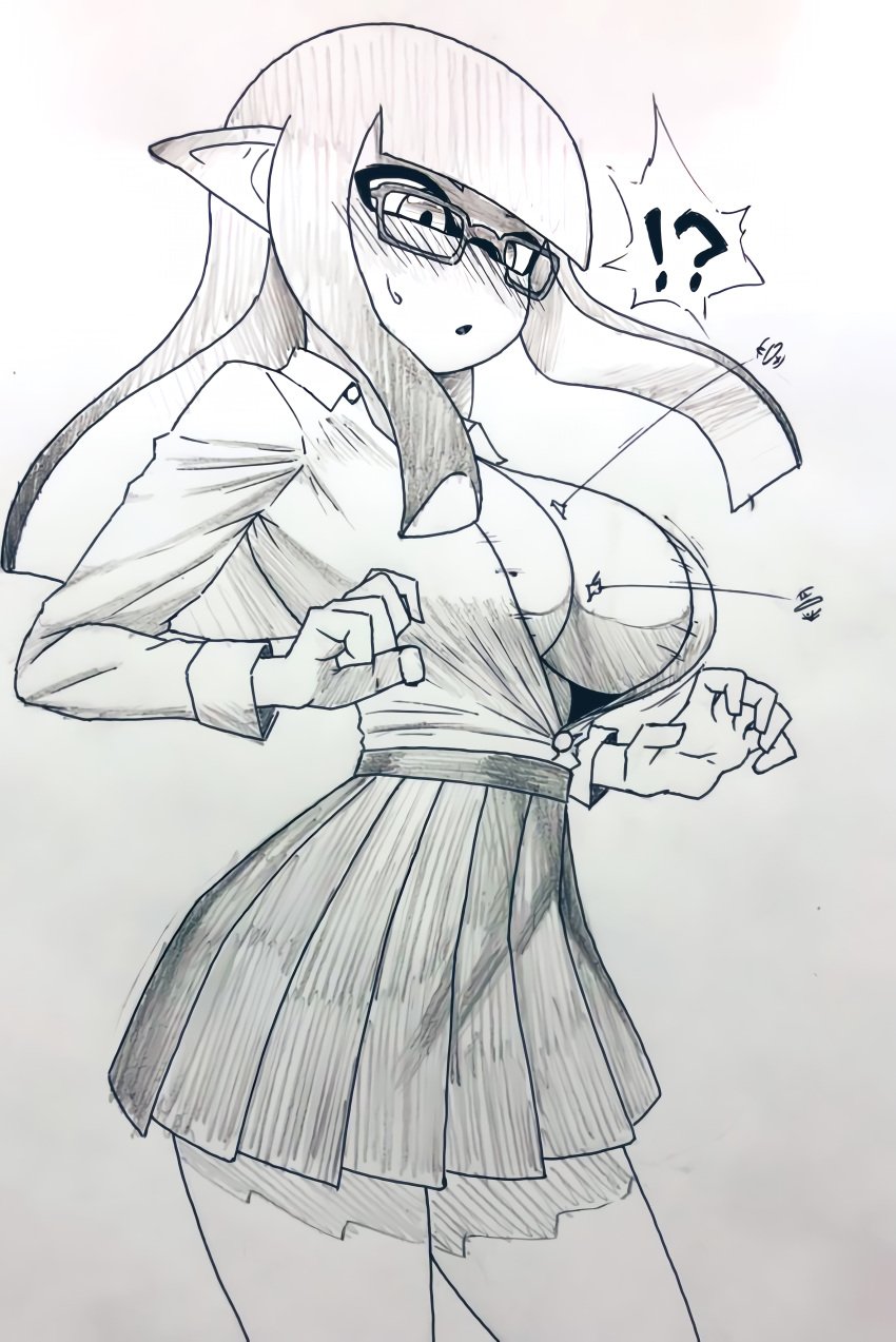 1girls black_and_white blush breasts button_down_shirt buttons cleavage glasses grayscale greyscale hi_res hourglass_figure inkling inkling_girl light-skinned_female light_skin long_hair medium_breasts nintendo nobunagapero peronattu popped_button shirt simple_background sketch skirt solo splatoon splatoon_(series) sweat tentacle_hair upscaled wardrobe_malfunction white_background