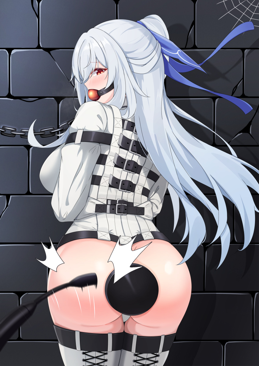 1girls anal anal_object_insertion ass ass_focus ball_gag bdsm big_breasts black_buttplug blush bondage breasts buttplug chained collar enema female femsub gag gagged helpless honkai:_star_rail huge_buttplug jingliu_(honkai:_star_rail) large_ass light_blue_hair long_hair looking_at_viewer metal_collar pixiv_id_84916908 ponytail prison prison_cell prisoner punishment restrained restraints riding_crop spanking straitjacket tagme 鴉羽