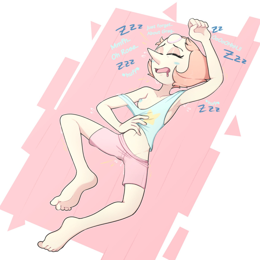 2022 armpit blonde_hair blue_nipples blush breasts cartoon_network closed_eyes feet female female_focus female_only gametimeasia gem_(species) laying_down laying_on_back laying_on_ground nipples pale-skinned_female pale_skin pearl_(steven_universe) pink_background short_hair shorts sleeping steven_universe tank_top text wet_dream wet_pussy