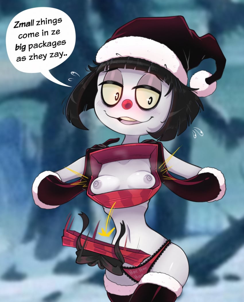 2022 black_eyes black_hair blush breasts breasts_in_box christmas creepy_susie female female_focus female_only gametimeasia gloves gray_body grey_body grey_skin nipples panties present rudolph_nose santa_hat short_hair small_breasts text text_bubble the_oblongs thighhighs thighs wide_hips