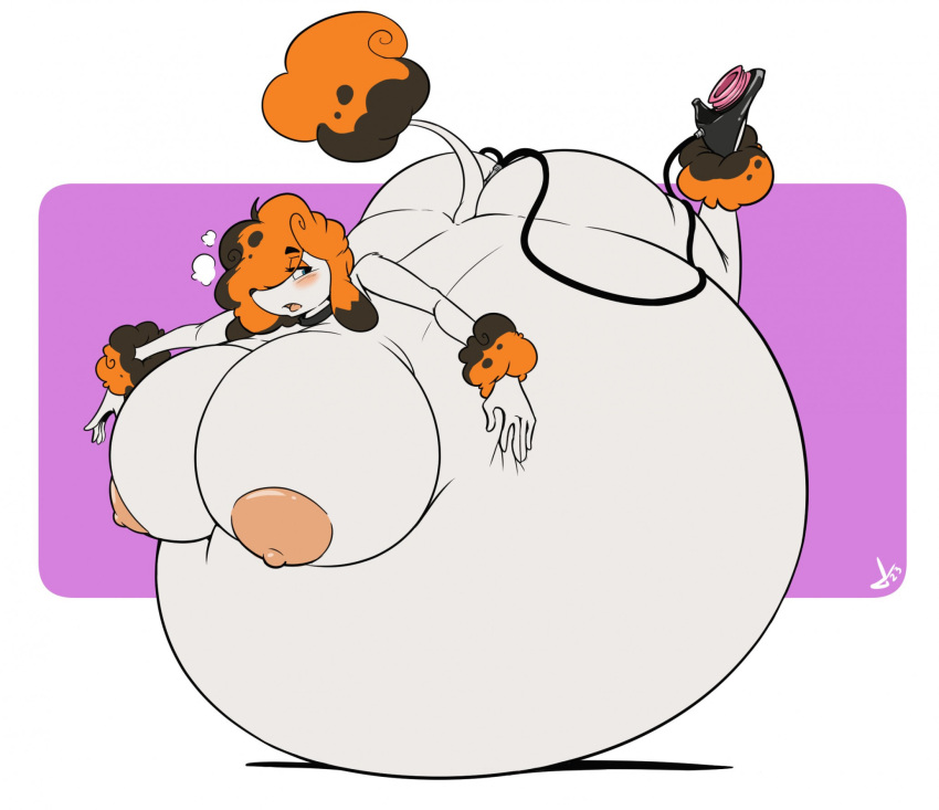 anthro ass_bigger_than_head ass_expansion belly_expansion breast_expansion breasts_bigger_than_head daikanu dog_girl immobile inflation pump_shoes self_inflation tagme