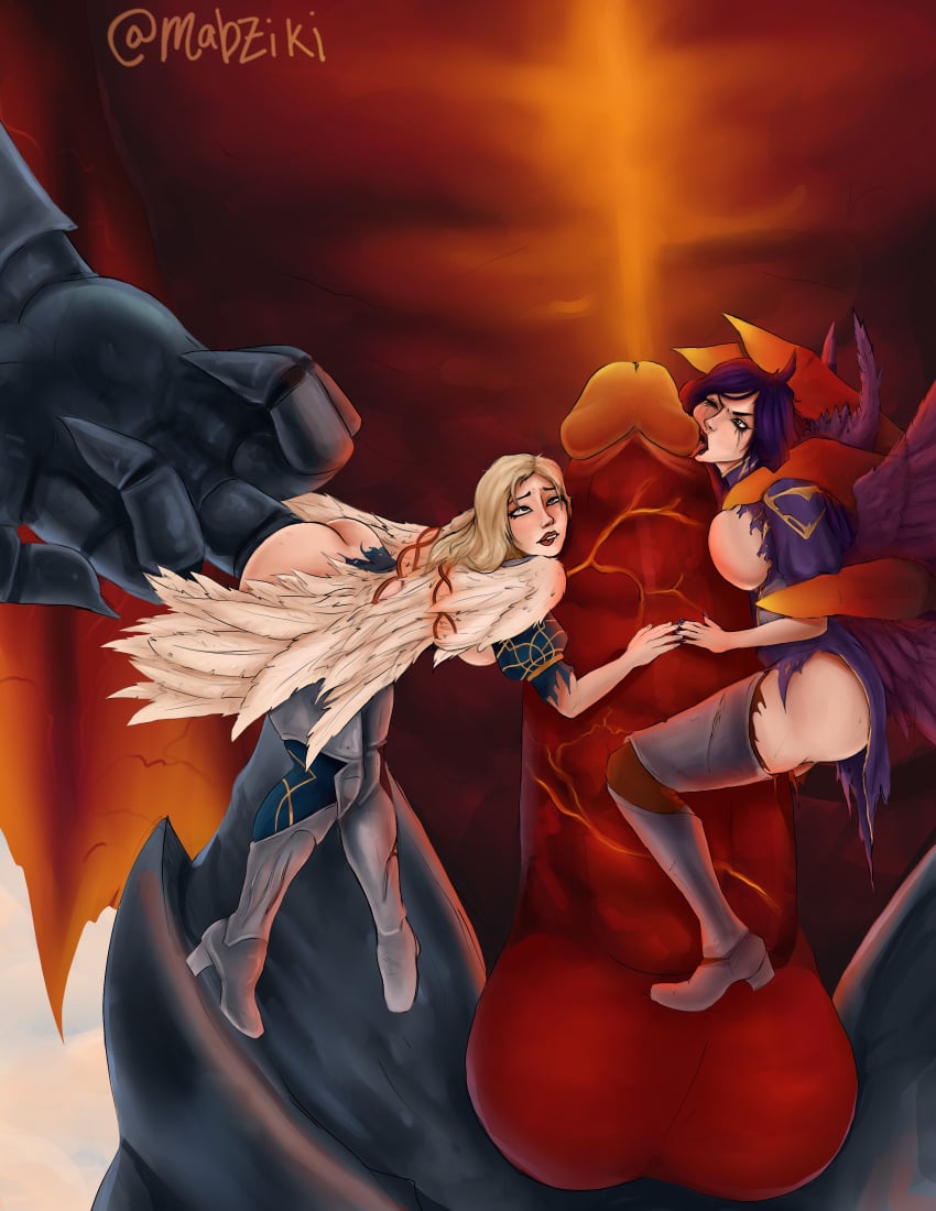 1boy 2girls aatrox big_penis chains clothed darkin dubious_consent fingering giant_male giant_penis kayle league_of_legends mabziki morgana sisters size_difference smaller_female wings