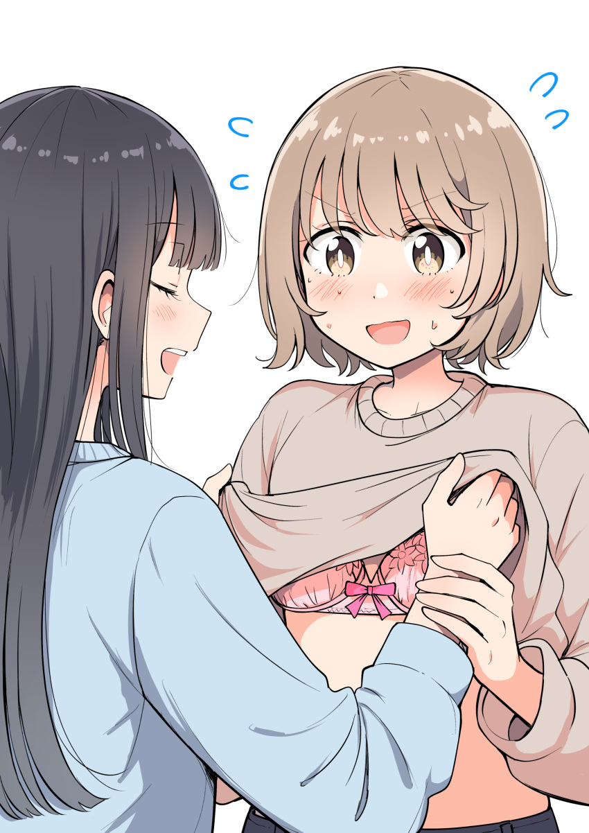 2girls betock blue_sweater blush closed_eyes long_hair multiple_girls open_eyes open_mouth original_character original_characters pink_bra shirt_lift yuri