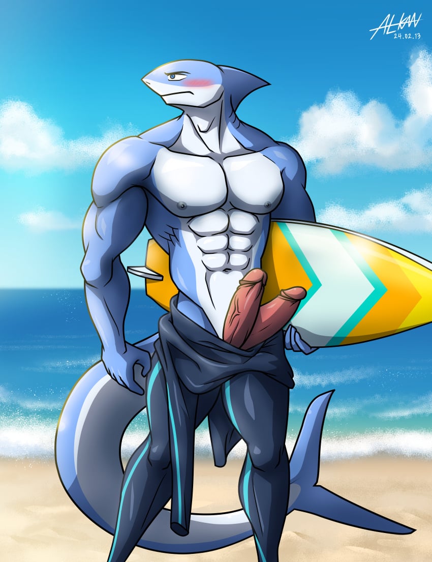 2_penises abs absurd_res alkan anthro beach big_penis blue_body blue_eyes bottomwear clothed clothing diphallia diphallism erection fish genitals hi_res male male_only marine multi_genitalia multi_penis multicolored_body muscular muscular_anthro muscular_male navel nipples open_swimwear penis pink_penis seaside shark solo surfboard surfer surfing swimwear swimwear_only teron_(alkan) topless topless_anthro topless_male two_tone_body white_body