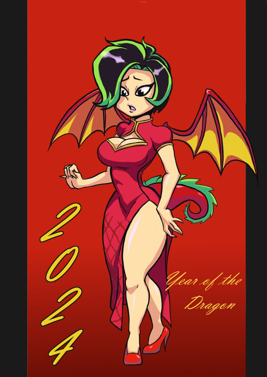 american_dragon:_jake_long cheongsam china_dress cleavage dragon_tail female gearfou genderswap_(mtf) high_heels huge_ass huge_breasts jake_long navel rule_63 thick_thighs transformation wide_hips wings