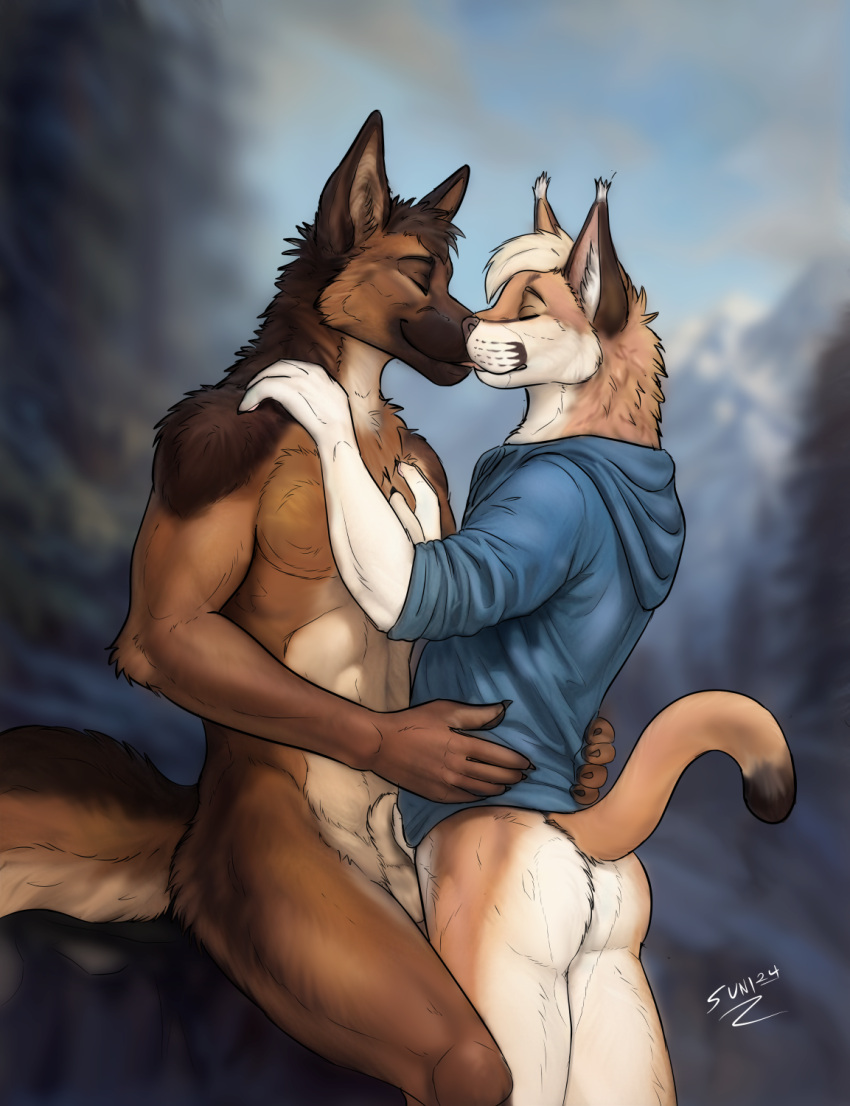 animal_genitalia bottomless canid canine canis caracal caracal_(genus) clothed clothing domestic_dog felid feline genitals german_shepherd herding_dog hi_res hoodie kissing love male_only mammal nude nuzzling pastoral_dog sheath sunitai topwear