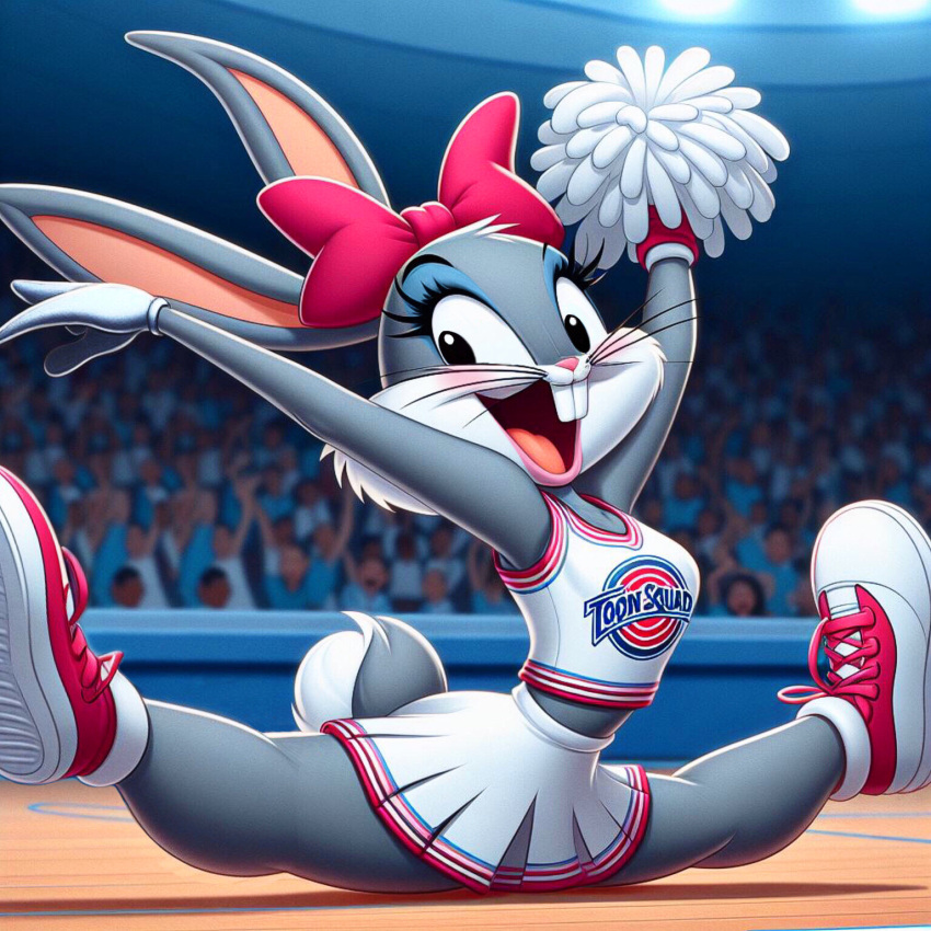 1girls after_transformation ai_generated anthro blush bugs_bunny cheerleader cheerleader_uniform female feminization genderswap_(mtf) grey_fur lagomorph looney_tunes mtf_transformation rabbit rule_63 smile space_jam splits warner_brothers