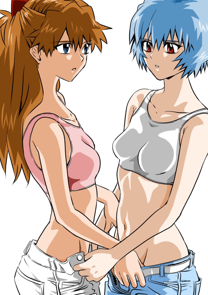 2girls asuka_langley_sohryu belly_button blue_hair jeans long_hair looking_at_another neon_genesis_evangelion pants_pull pants_removed red_hair rei_ayanami short_hair small_breasts sports_bra teenager topwear yuutaku1618