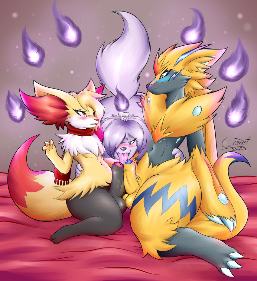 absurd_res anthro balls balls_touching bed_sheet bedding bedroom_eyes blush braixen candle canid canine colored cyber_comet digital_media_(artwork) fan_character female fire foreskin fox frottage generation_6_pokemon generation_7_pokemon generation_9_pokemon genitals greavard group group_sex gynomorph hi_res intersex intersex/female intersex/male kiala_moon kneeling legendary_pokemon licking male male/female mammal narrowed_eyes navel nintendo oral pawpads paws penile penis penis_lick pokemon pokemon_(species) pulsar_(cyber_comet) purple_body red_eyes scarf scarlet_(scarlet_phox) seductive sex sitting tail threesome tongue tongue_out trio waist_grab yellow_body yellow_tail zeraora