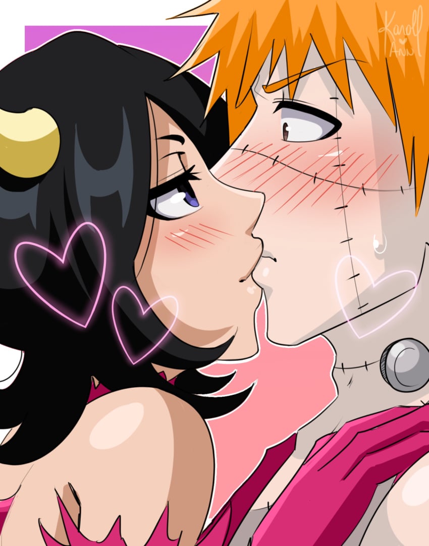 1boy black_hair bleach blush dangerousbride female horns ichigo_kurosaki karoll_ann kissing kuchiki_rukia orange_hair stitches