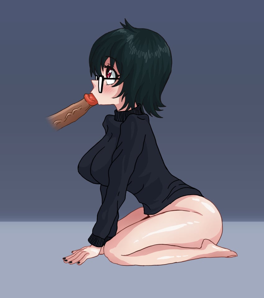 all_fours bangs blowjob bottomless clothed cock feet green_hair hunter_x_hunter looking_up medium_breasts nail_polish nipples oral oral_sex penis red_eyes shizuku_murasaki sucking_penis sweater thick