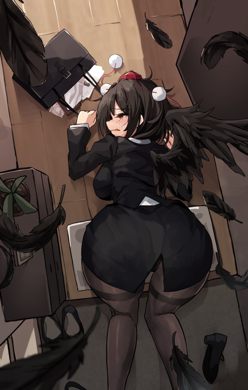 absurdres ass ass_up bag big_ass black_hair blush breasts feathered_wings feathers female highres hira-san huge_ass large_breasts office_lady red_eyes shameimaru_aya shoes solo tearing_up tears tengu thighhighs thighs touhou wings