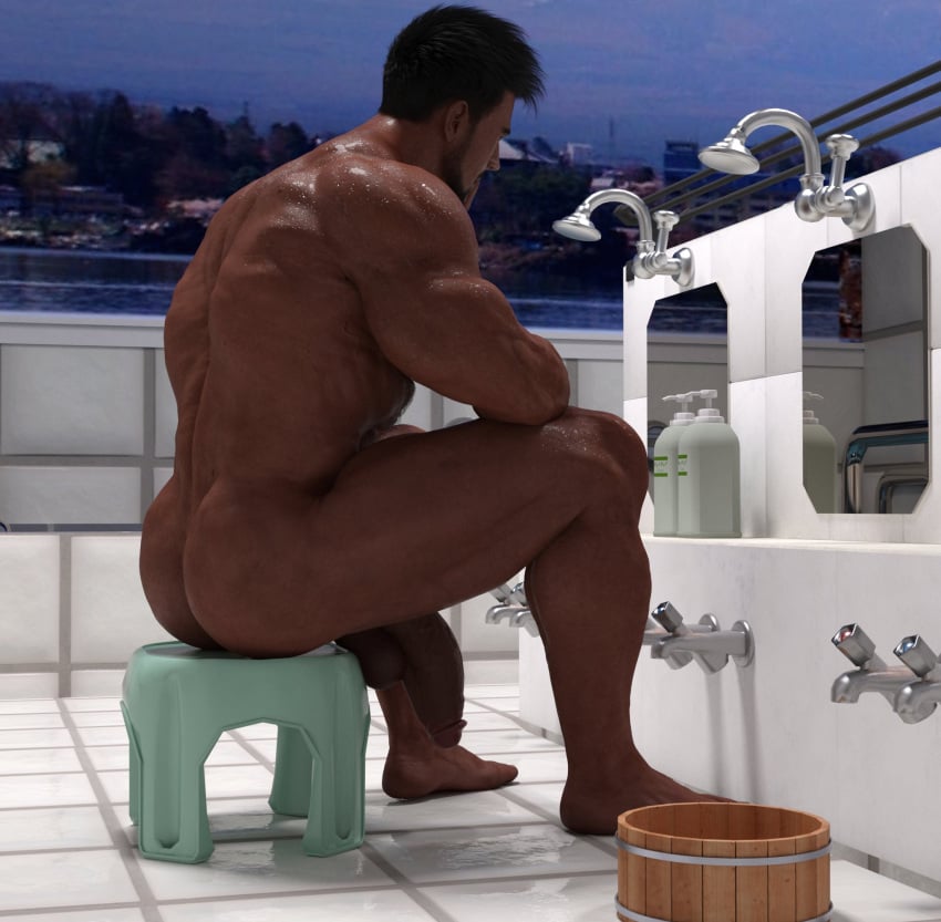 1boy 1human 1male 3d 3d_(artwork) 3d_model bara bara_tiddies bara_tits bathhouse flaccid flaccid_cock flaccid_penis hairy hairy_body hairy_male hyper_penis male male_focus male_nudity male_only muscles muscular muscular_male naked naked_male nude nude_male oc onsen original original_character qzla4 sitting solo solo_focus solo_male viewed_from_behind