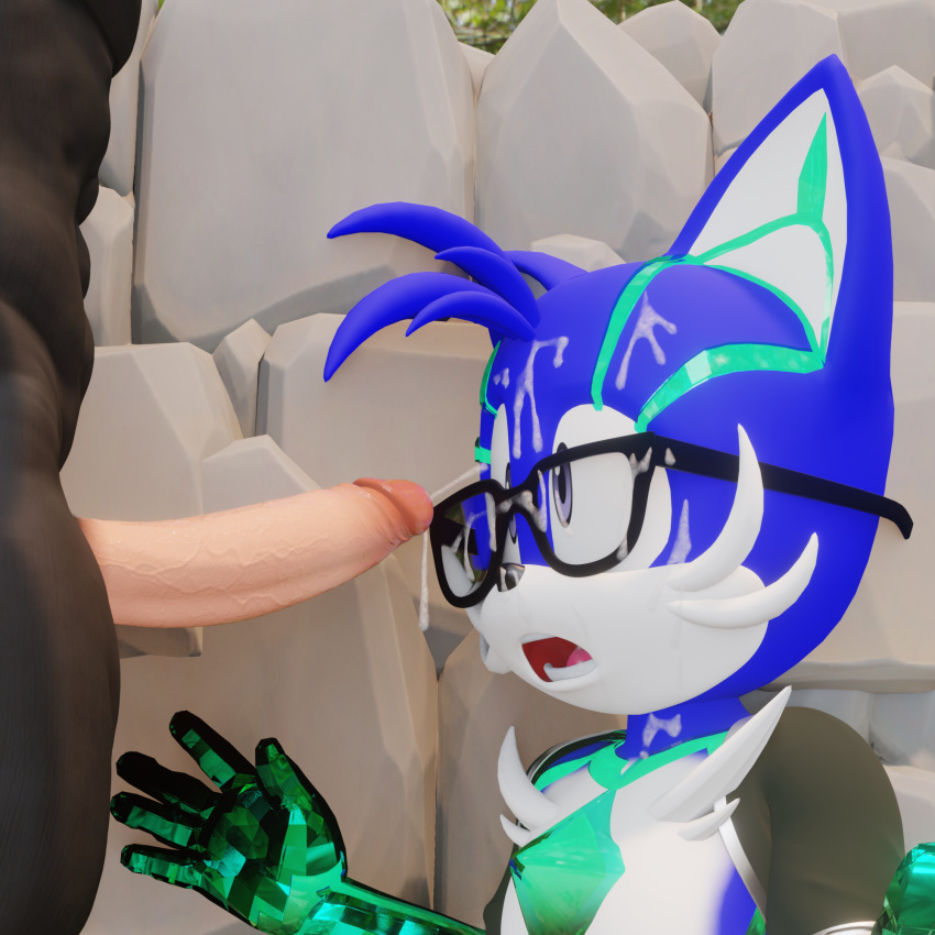 anthro bodily_fluids canid canine chest_crystal chrystix_(twintails3d) crystal cum cum_on_face duo eyewear fan_character fox genital_fluids genitals glasses hi_res looking_at_genitalia looking_at_penis male male/male mammal penis sega sonic_(series) sonic_the_hedgehog_(series) twintails3d yaoi