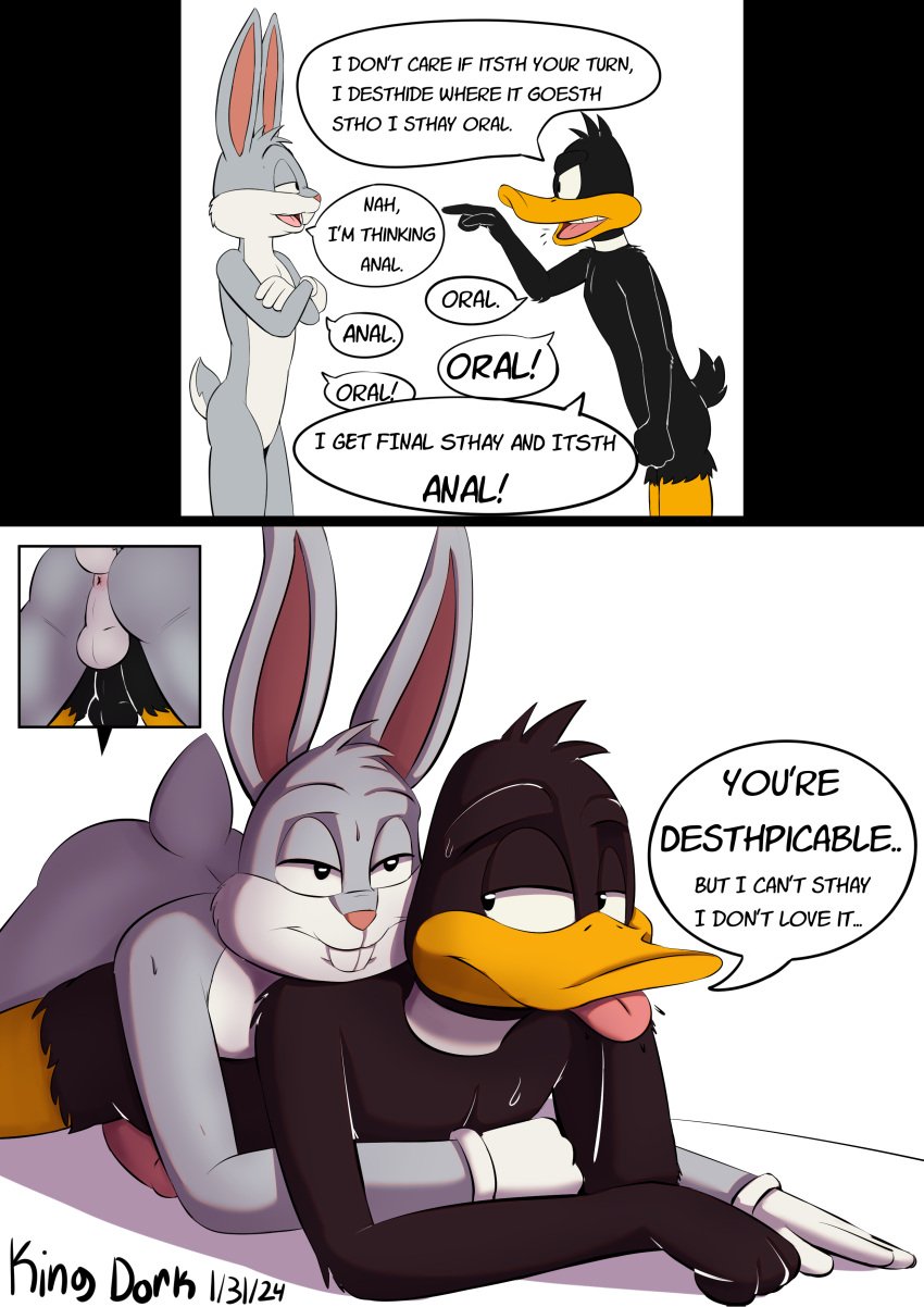 2024 absurd_res anal anal_sex anatid anseriform anthro anus argument ass avian backsack balls bird black_body black_feathers bodily_fluids bugs_bunny clothing comic crossed_arms cum cum_in_ass cum_inside daffy_duck dialogue duck duo english_text erection feathers from_behind_position fur genital_fluids genitals gloves grey_body grey_fur half-closed_eyes handwear hi_res kingdorkster lagomorph leaking_cum leporid looking_at_another looking_back looking_back_at_another looking_back_at_partner looney_tunes lying male male/male mammal narrowed_eyes on_front open_mouth open_smile penetration perineum pink_nose rabbit sex signature smile speed_bump_position tail tail_tuft text tongue tongue_out tuft warner_brothers white_body white_feathers white_fur