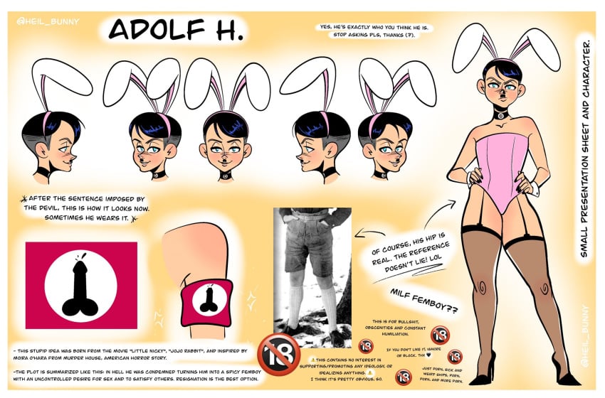 1boy adolf_hitler bunny_ears bunnysuit chadrad5656 femboy heil_bunny high_heels history joke joke_post light-skinned_male light_skin lol male_with_painted_nails moustache nazi pink_clothing reference_image reference_sheet stockings turnaround twink world_war_2