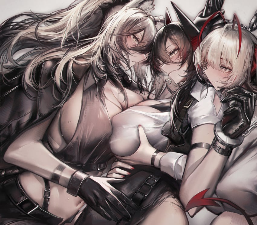 arknights female_only grabbing_another's_breast huge_breasts ines_(arknights) schwarz_(arknights) sideboob solfi0211 tagme w_(arknights)