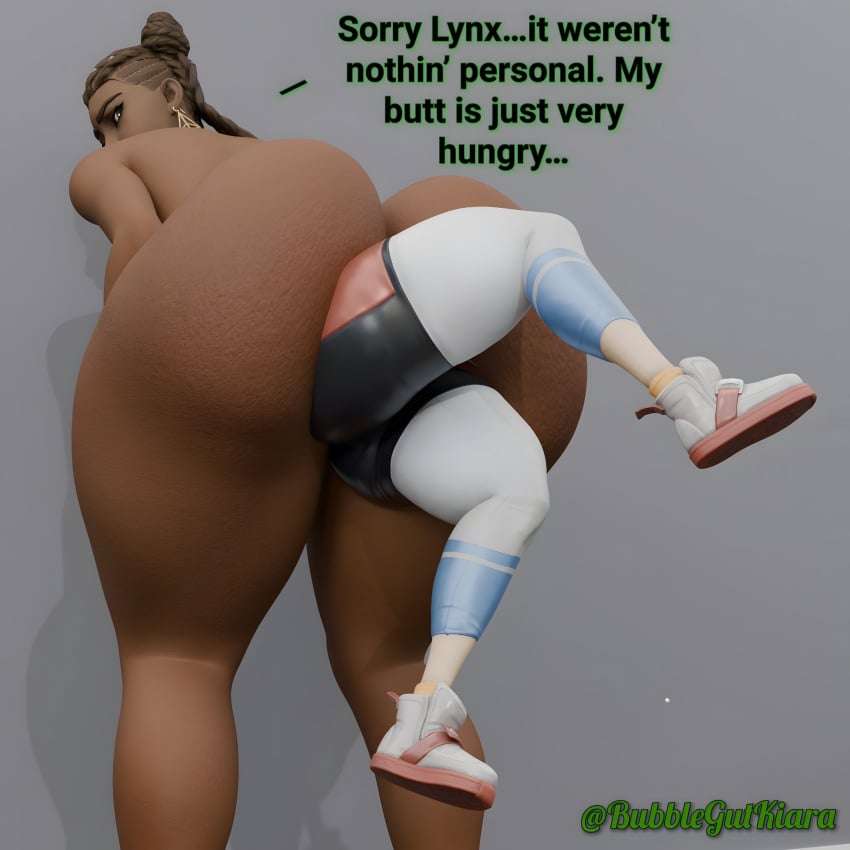 2girls 3d anal_vore ass big_ass bubble_butt bubblegutkiara dark-skinned_female dark_skin female female_only fortnite huge_ass kiara_k.o_(fortnite) lynx_(fortnite) same_size_vore vore