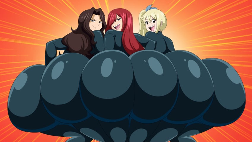 3girls androjuniarto ass big_ass blonde_hair bodysuit brown_hair bubble_butt butt cana_alberona erza_scarlet fairy_tail gassytank gastank huge_ass jiggle_butt_gang looking_at_viewer lucy_heartfilia red_hair skin_tight smile smiling_at_viewer