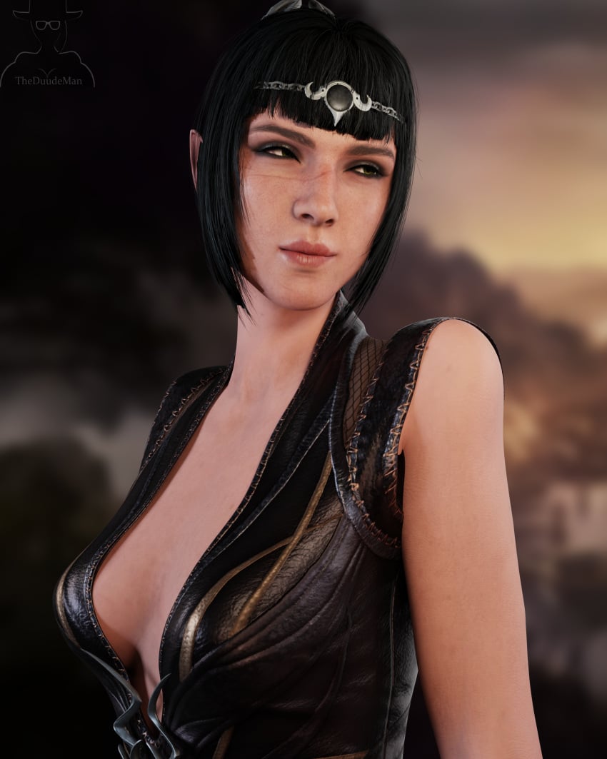 1girls 3d baldur&#039;s_gate baldur&#039;s_gate_3 bangs black_hair blender blender_(software) breasts cleavage curvy dark_hair dress dungeons_and_dragons elf elf_ears elf_female female female_only high_elf light-skinned_female light_skin looking_away petite pointy_ears shadowheart small_breasts solo theduudeman