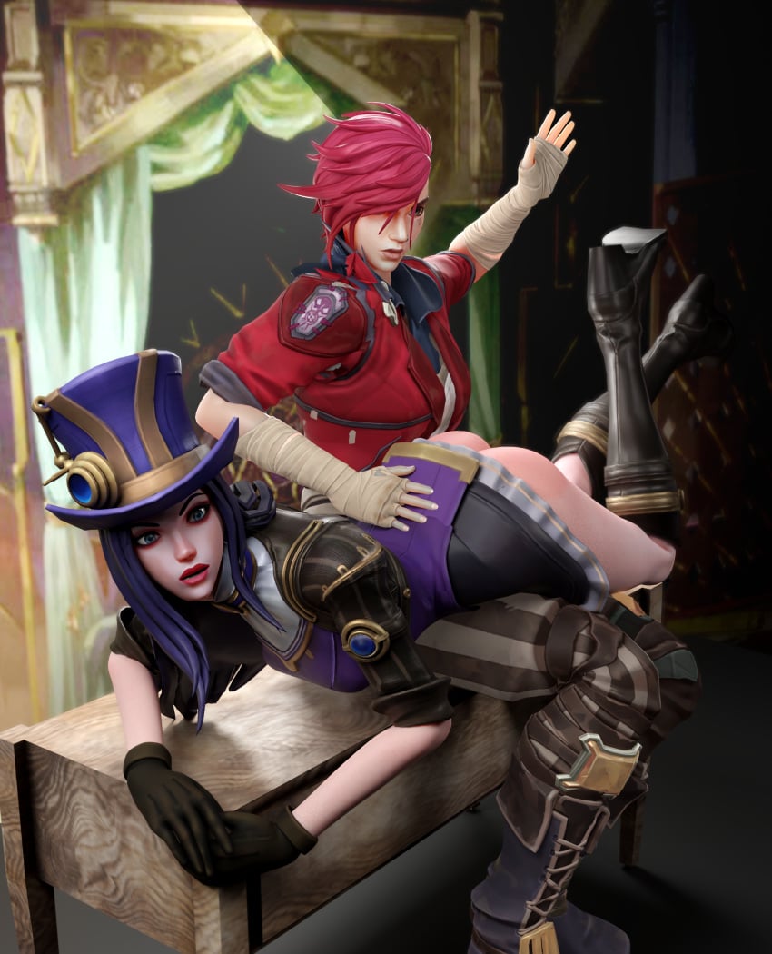 2girls 3d arcane arcane_caitlyn arcane_vi ass bare_ass blender blue_hair caitlyn_kiramman canon_couple discipline dominant_female eyewear_on_head female femdom kinkblink league_of_legends naughty punishment red_hair slapping_butt spank_marks spanked_butt spanking steampunk submissive vi video_games yuri