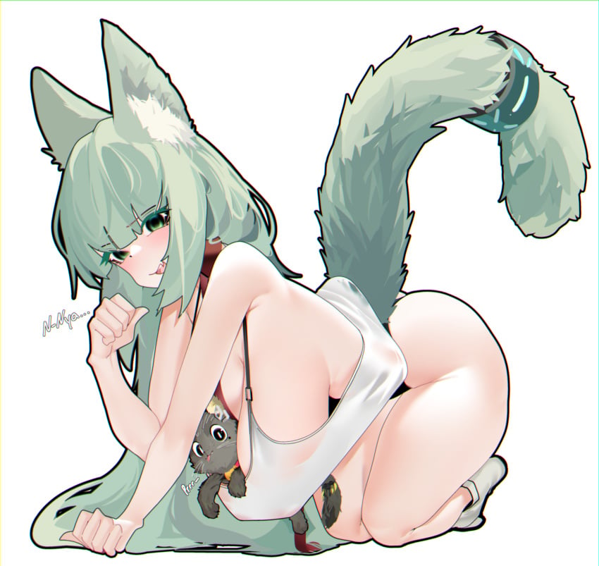 :p all_fours arknights ass_visible_through_thighs between_breasts cat_pose crawling english_text feline hanging_breasts harmonie_(arknights) huge_ass huge_breasts huge_thighs long_hair meowing naxius_noxy paw_pose text thick_thighs tongue_out underwear wide_hips